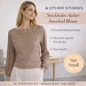 & Other Stories Stockholm Atelier Smocked Blouse Boat Neck Taupe Boho